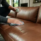 Mann pflegt braunes Ledersofa mit einem Tuch und einer Creme. Einfache lederpflege hausmittel für ein schönes Zuhause.