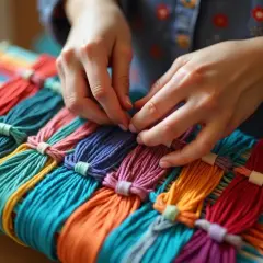 Hände weben bunte Fäden zu einem Armband.