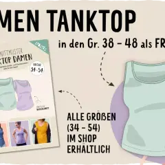 Schnittmuster Top Damen kostenlos: Ein Buch zeigt verschiedene Tanktop-Designs und Größen von 34-54. Ein mintgrünes Tanktop wird hervorgehoben.