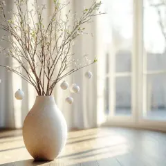 Eine Bodenvase wird mit zarten Zweigen und kleinen, glitzernden Kugeln dekoriert. Das Arrangement steht im warmen Licht eines Fensters.