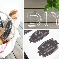 DIY-Etiketten zum Ausdrucken: Wein, Brot, Salz. Kostenlose Vorlage für Geschenkkörbe.