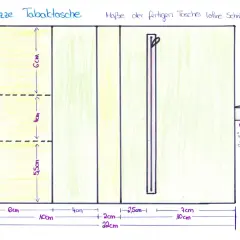 Schnittmuster Tabaktasche: Skizze mit Maßen für eine Tabaktasche, aufgeteilt in verschiedene Fächer. Enthält Angaben zu Länge, Breite und Gummiband.