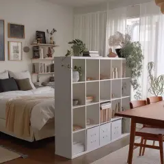 Gemütliches Schlafzimmer mit Bett, Regal und Essbereich. Ein schönes Beispiel, wie man ein Haus einrichten kann, mit Pflanzen und Kunst.