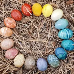 Bunte Ostereier, darunter auch einige braune Eier, bemalen und kunstvoll arrangiert auf trockenem Gras und Steinen.