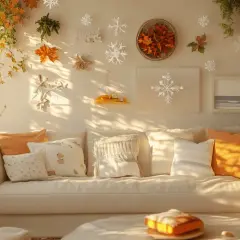 Gemütliche Couch mit Kissen in warmen Farben, umgeben von herbstlichen und winterlichen Deko-Elementen. Tolle sommer deko ideen für dein Zuhause.