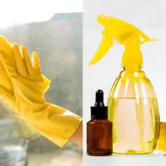 Gelbe Handschuhe putzen ein Fenster. Daneben: Zutaten zum Fensterputzmittel selber machen, wie Essigessenz und Natron.