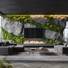 Moderne wohnzimmer wandgestaltung mit Stein und Moos, Kamin und Fernseher. Ein luxuriöses Ambiente mit Blick auf die Stadt.