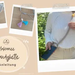 Makramee Handykette Anleitung: Garn, Karabiner, Quasten und fertige Kette. So einfach geht's!