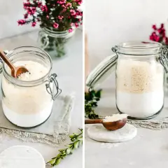 Zutaten für selbstgemachtes Waschmittel ohne Kernseife in einem Glas. Eine Holzschaufel liegt bereit.