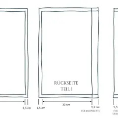 Schnittmuster Kissen: Vorderseite (50x50 cm) und zwei Rückseiten-Teile (30 cm und 20 cm) mit Nahtzugaben und Knopflochleiste.
