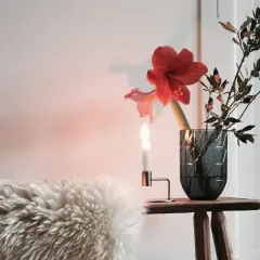 Rote Amaryllis in dunkler Vase, dekoriert mit Zweigen. Ein Kerzenlicht wirft warmen Schein auf das Arrangement und eine flauschige Decke.