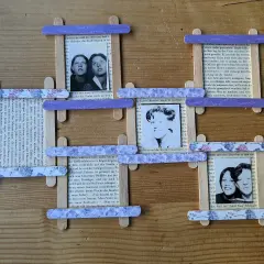 Selbstgemachte Bilderrahmen aus Papier basteln Vorlage: Holzstäbchen und bedrucktes Papier umrahmen Fotos.
