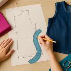 Hände zeichnen Schnittmuster für Kleidung. Stoffe, Schere und Nähutensilien liegen bereit, um Kleidung selber machen zu können.