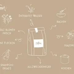 Vielseitiges Natron: zum Reinigen, Backen, Kochen, für Hautpflege, als Shampoo-Ersatz, zum Blumen frisch halten und Flecken entfernen.