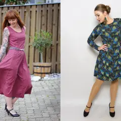 Zwei Kleider: eins in Weinrot, das andere mit Pfauenmuster. Vielleicht ein kostenloses Schnittmuster Kleid?