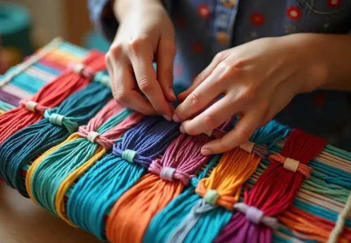 Hände weben bunte Fäden zu einem Armband.