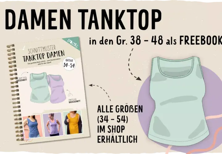 Schnittmuster Top Damen kostenlos: Ein Buch zeigt verschiedene Tanktop-Designs und Größen von 34-54. Ein mintgrünes Tanktop wird hervorgehoben.