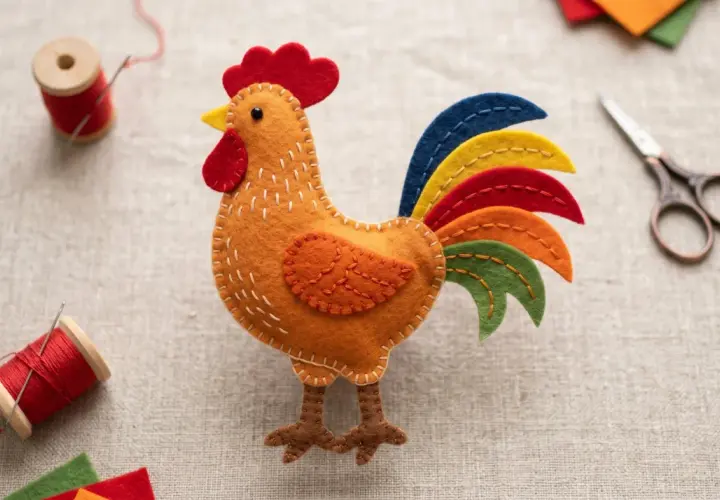 Ein farbenfrohes Huhn aus Filz, bereit zum Huhn filzen. Nadel, Faden und Schere liegen daneben.
