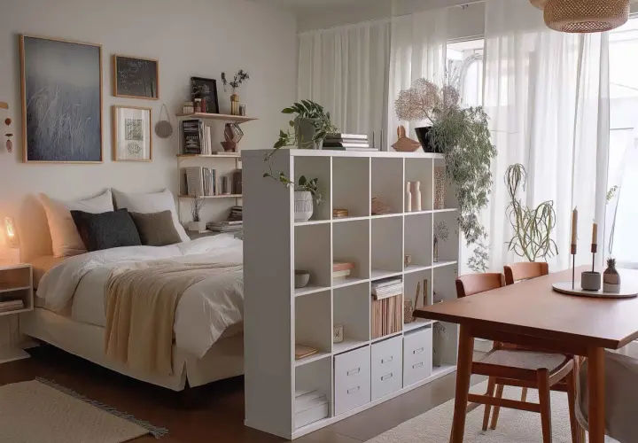 Gemütliches Schlafzimmer mit Bett, Regal und Essbereich. Ein schönes Beispiel, wie man ein Haus einrichten kann, mit Pflanzen und Kunst.