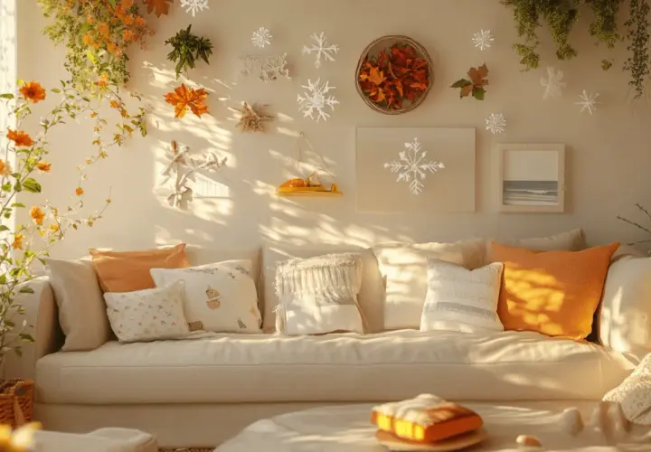 Gemütliche Couch mit Kissen in warmen Farben, umgeben von herbstlichen und winterlichen Deko-Elementen. Tolle sommer deko ideen für dein Zuhause.