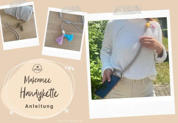 Makramee Handykette Anleitung: Garn, Karabiner, Quasten und fertige Kette. So einfach geht's!