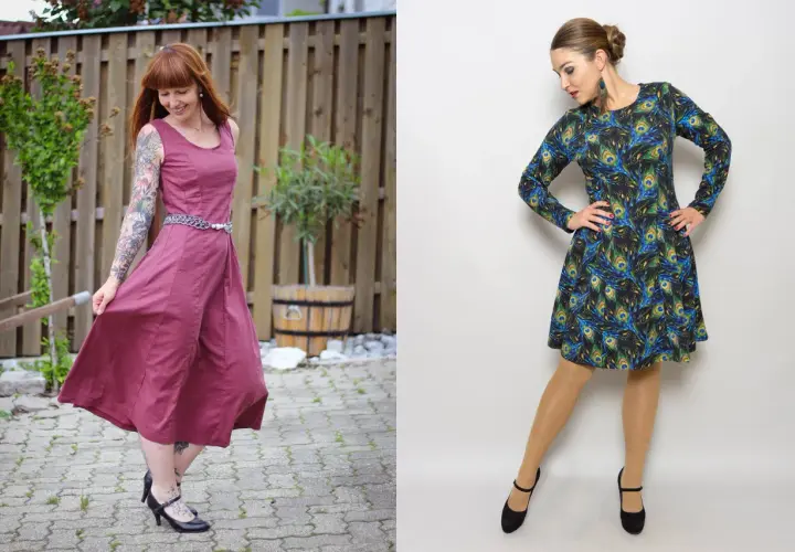 Zwei Kleider: eins in Weinrot, das andere mit Pfauenmuster. Vielleicht ein kostenloses Schnittmuster Kleid?