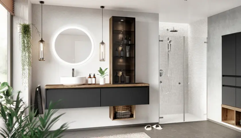 Modernes Bad mit Hänge-Waschtisch, beleuchtetem Spiegel und Dusche. Die dunklen Fronten und das Holzdekor bieten eine schicke, aber vielleicht etwas düstere bad inspo.