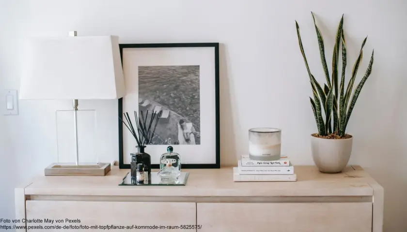 Stilvolle Inspiration für Ihre Dekoration: Ein Sideboard mit Lampe, gerahmtem Bild, Duftstäbchen und einer Topfpflanze.