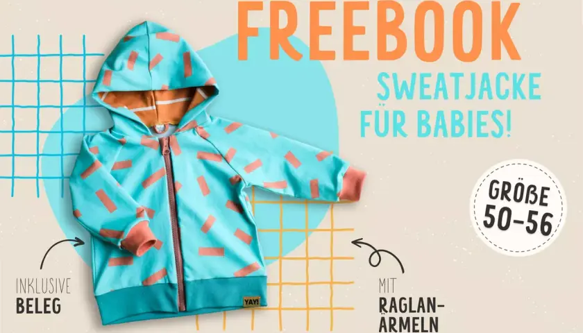Kostenloses Schnittmuster für eine Kapuzenjacke für Babys, Größe 50-56, mit Raglanärmeln.