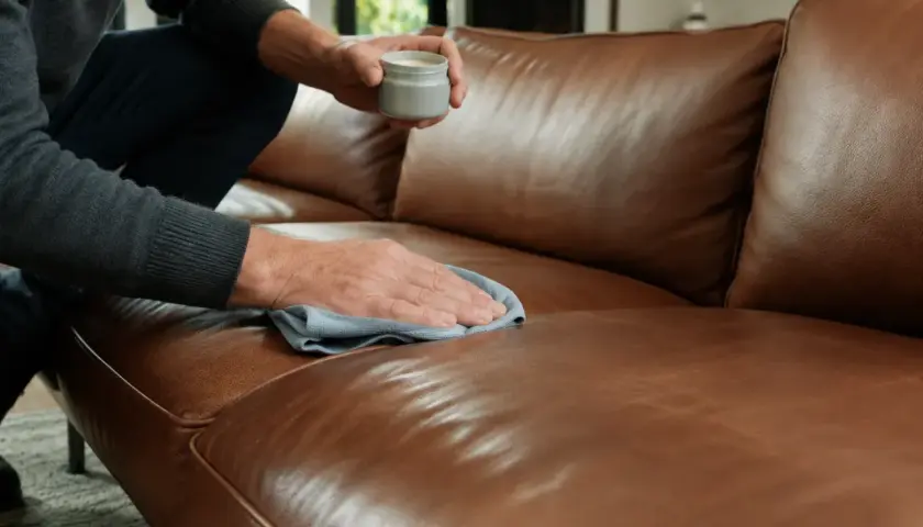 Mann pflegt braunes Ledersofa mit einem Tuch und einer Creme. Einfache lederpflege hausmittel für ein schönes Zuhause.