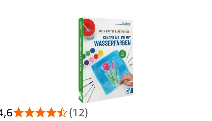 Buchcover mit dem Titel "Kinder malen mit Wasserfarben", zeigt eine bunte Palette und ein Bild von Tulpen. Tolle wasserfarben malen ideen kinder!