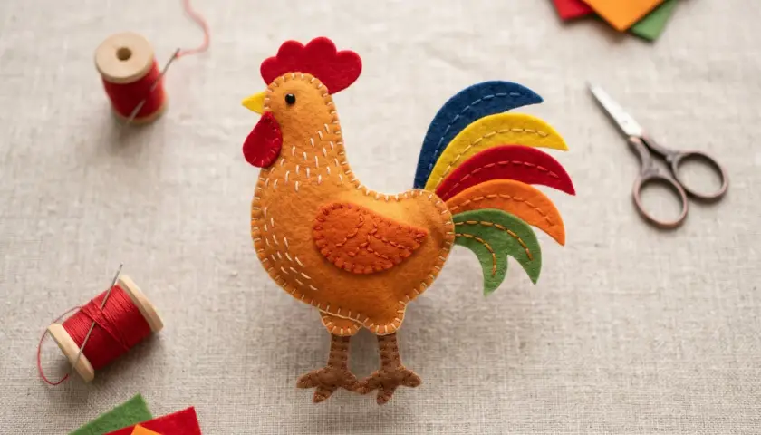 Ein farbenfrohes Huhn aus Filz, bereit zum Huhn filzen. Nadel, Faden und Schere liegen daneben.