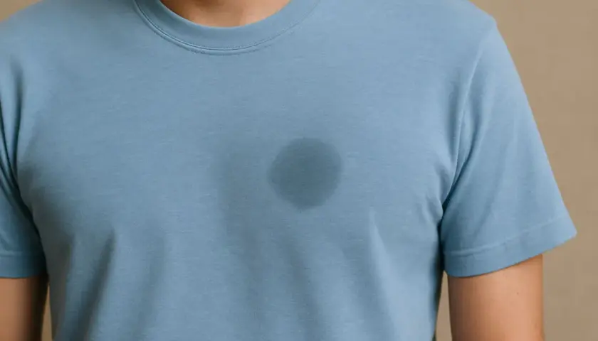 Ein Mann trägt ein blaues T-Shirt mit einem dunklen Fleck auf der Brust. Tipps, wie man fettflecken aus kleidung entfernen nach dem waschen kann.