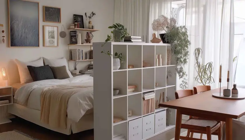 Gemütliches Schlafzimmer mit Bett, Regal und Essbereich. Ein schönes Beispiel, wie man ein Haus einrichten kann, mit Pflanzen und Kunst.