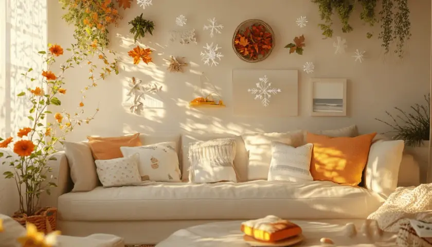 Gemütliche Couch mit Kissen in warmen Farben, umgeben von herbstlichen und winterlichen Deko-Elementen. Tolle sommer deko ideen für dein Zuhause.