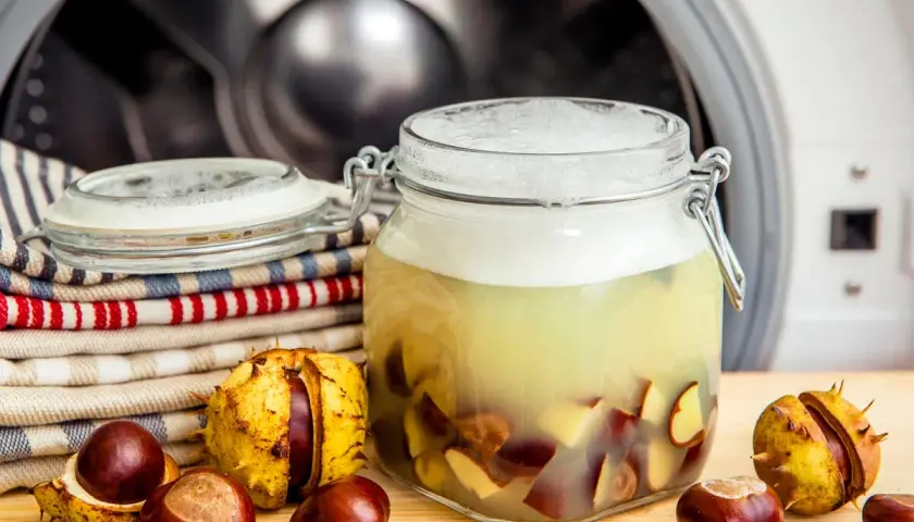 Selbstgemachtes Waschmittel aus Kastanien in einem Glas, neben frischen Kastanien und Wäsche vor einer Waschmaschine.