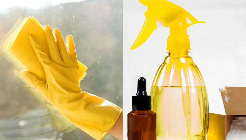 Gelbe Handschuhe putzen ein Fenster. Daneben: Zutaten zum Fensterputzmittel selber machen, wie Essigessenz und Natron.