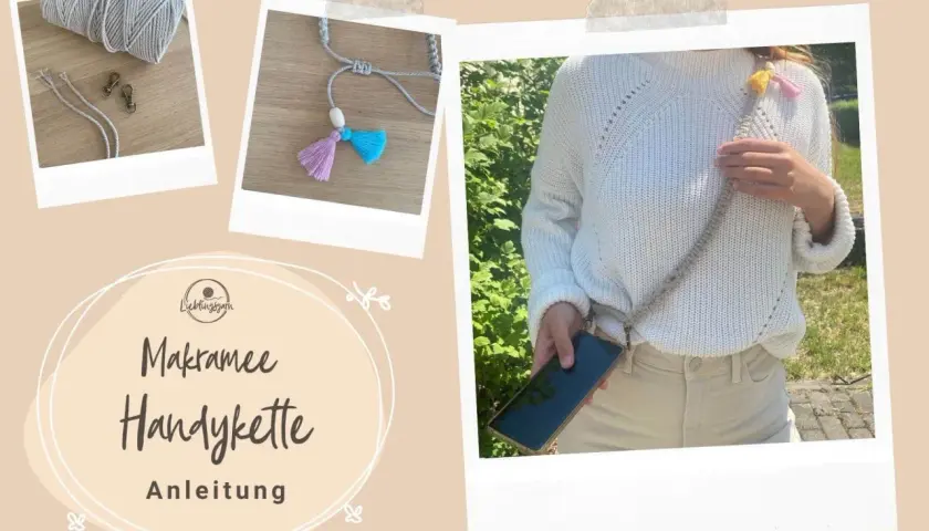 Makramee Handykette Anleitung: Garn, Karabiner, Quasten und fertige Kette. So einfach geht's!