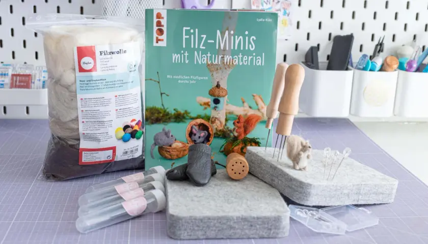 Filz-Minis mit Naturmaterial: Ideen für niedliche Filzfiguren. Wolle, Nadeln und Werkzeuge für kreative Filzprojekte.