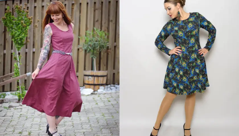 Zwei Kleider: eins in Weinrot, das andere mit Pfauenmuster. Vielleicht ein kostenloses Schnittmuster Kleid?