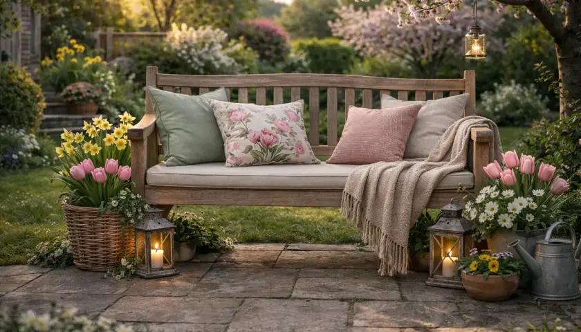 Eine einladende Gartenbank, liebevoll dekoriert mit Kissen, Decke und Blumen. Perfekt, um den Frühling zu genießen.