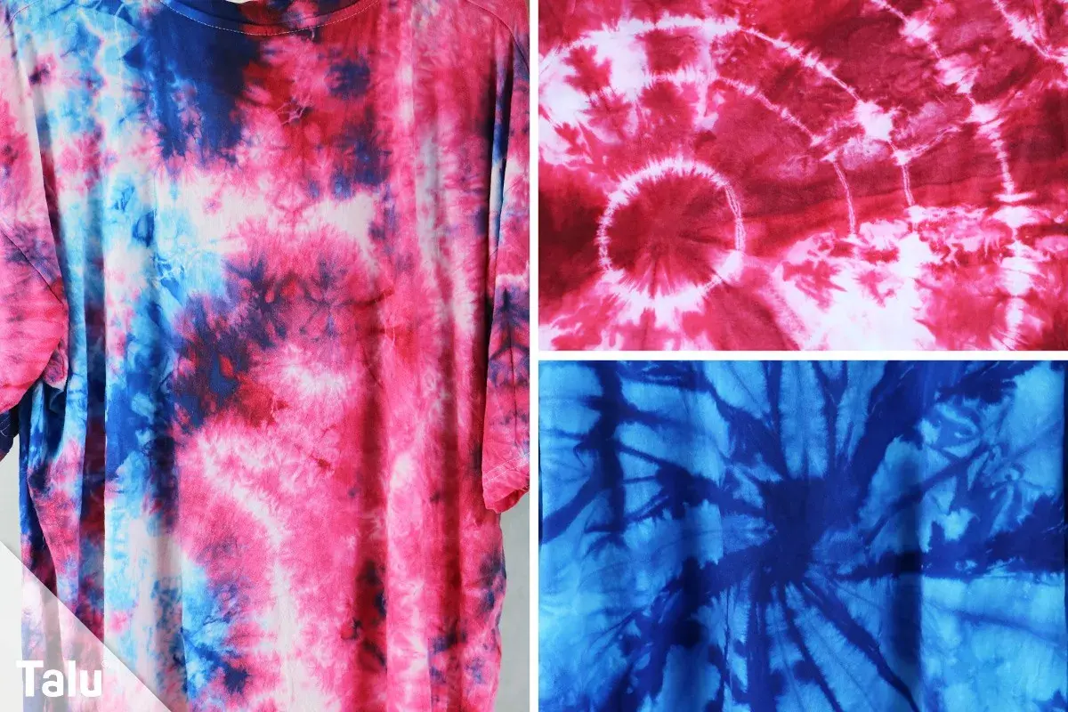 Batik-Anleitung: T-Shirt mit pink-blauen Mustern, Detailaufnahmen von roten und blauen Batik-Kreisen.