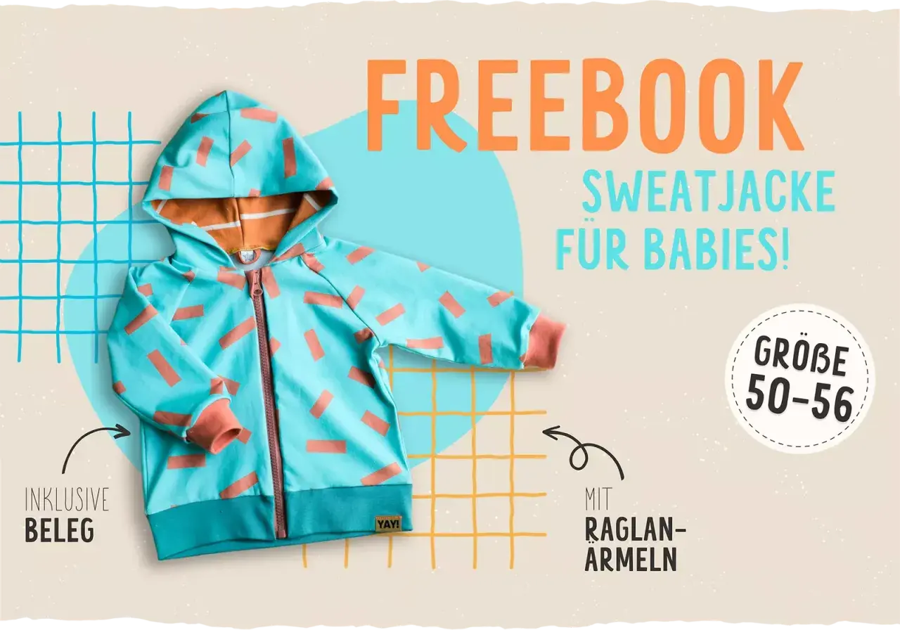 Kostenloses Schnittmuster für eine Kapuzenjacke für Babys, Größe 50-56, mit Raglanärmeln.