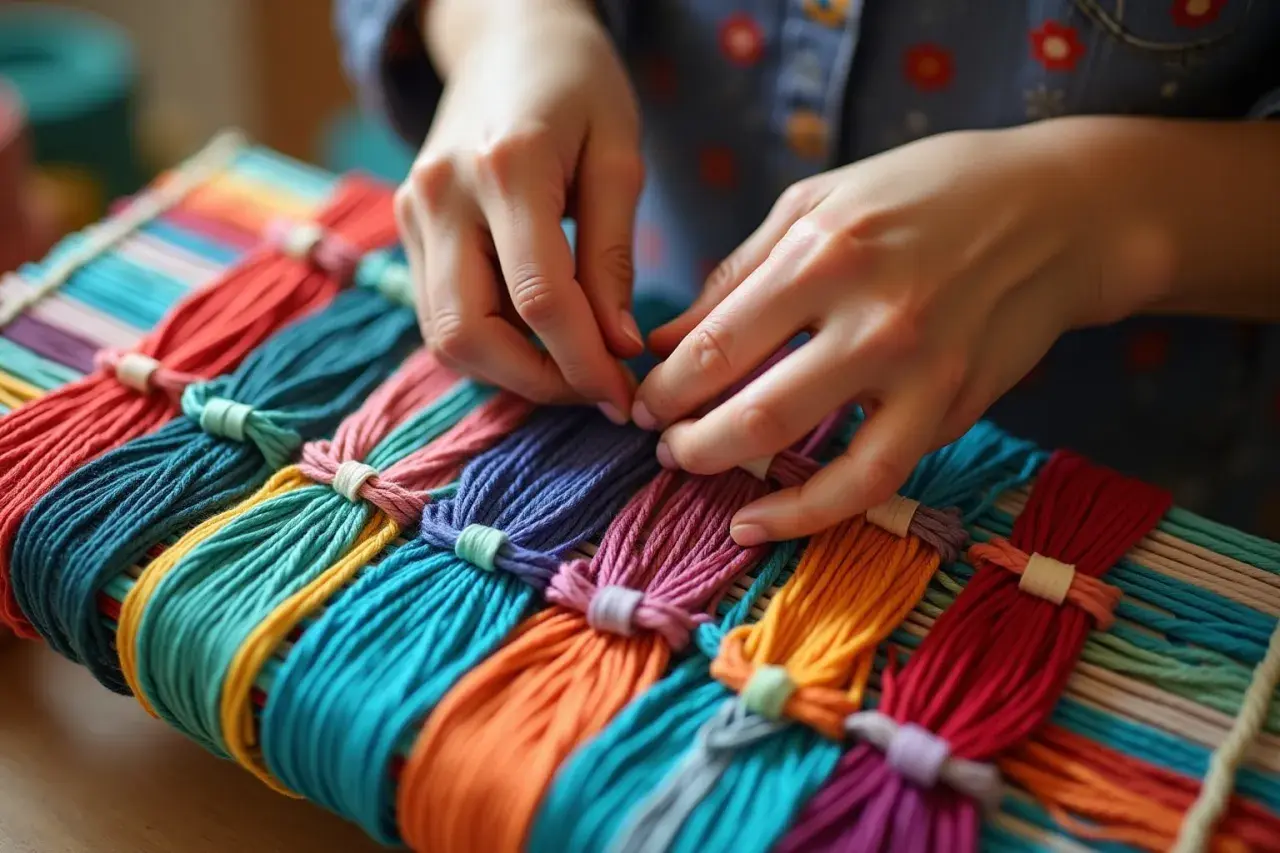 Hände weben bunte Fäden zu einem Armband.