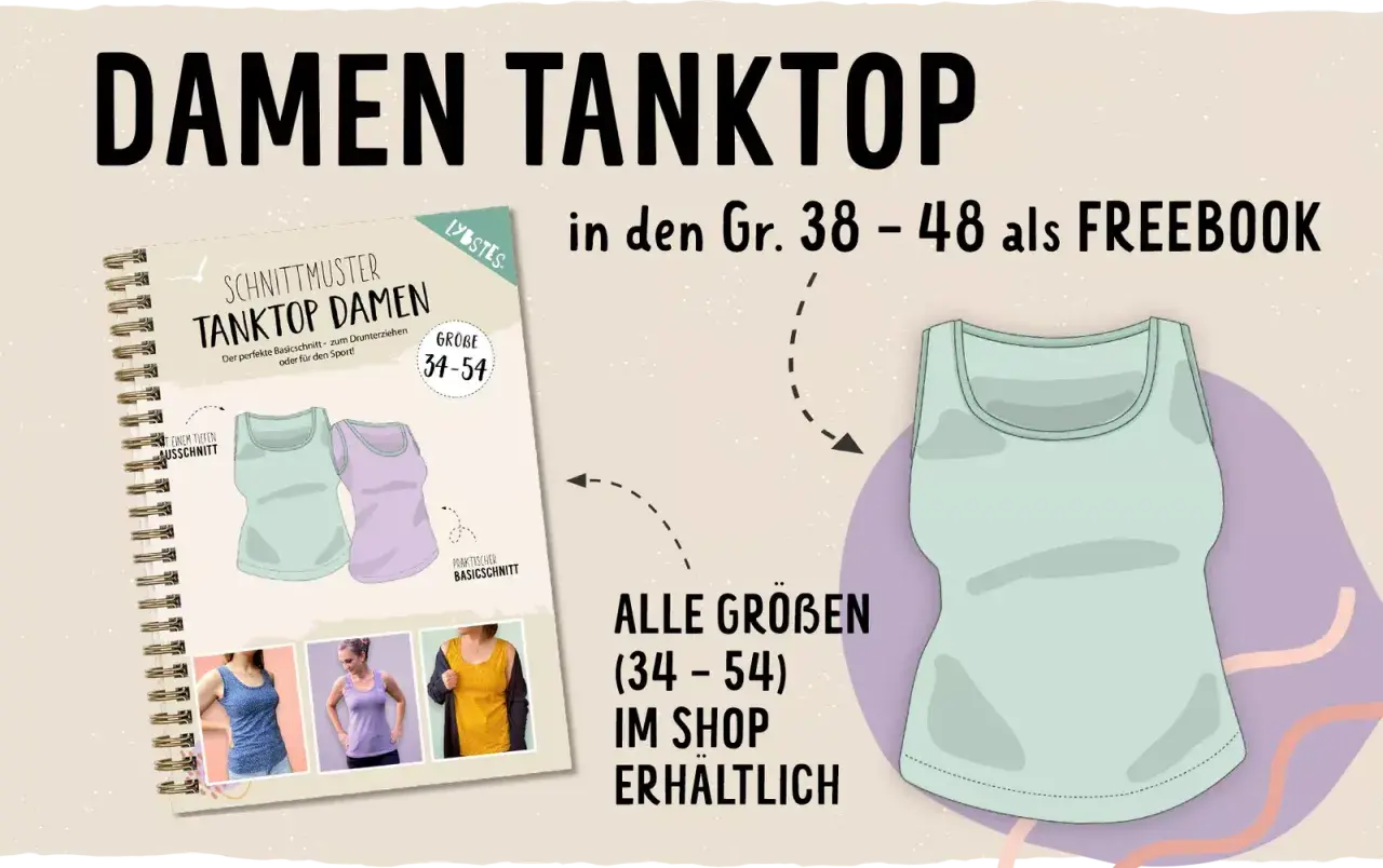 Schnittmuster Top Damen kostenlos: Ein Buch zeigt verschiedene Tanktop-Designs und Größen von 34-54. Ein mintgrünes Tanktop wird hervorgehoben.