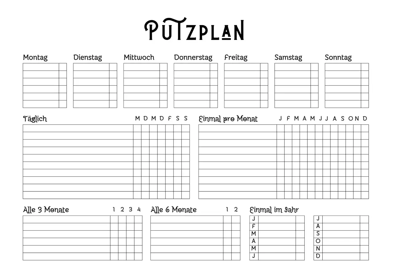 Eine Putzplan Vorlage zum Abhaken für tägliche, wöchentliche, monatliche und jährliche Aufgaben.