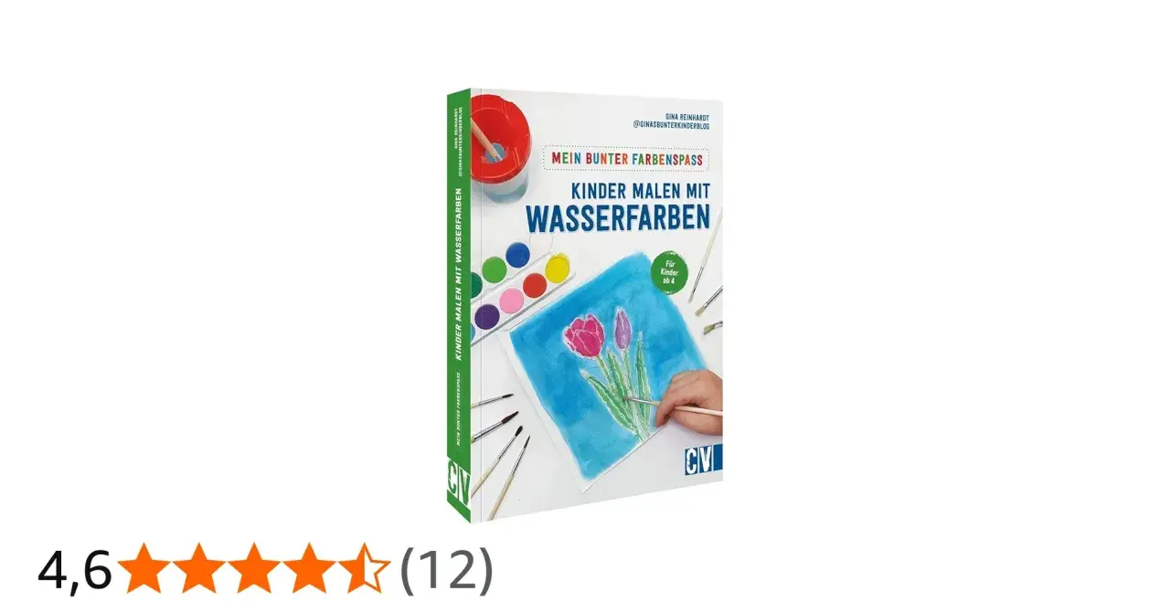 Buchcover mit dem Titel "Kinder malen mit Wasserfarben", zeigt eine bunte Palette und ein Bild von Tulpen. Tolle wasserfarben malen ideen kinder!