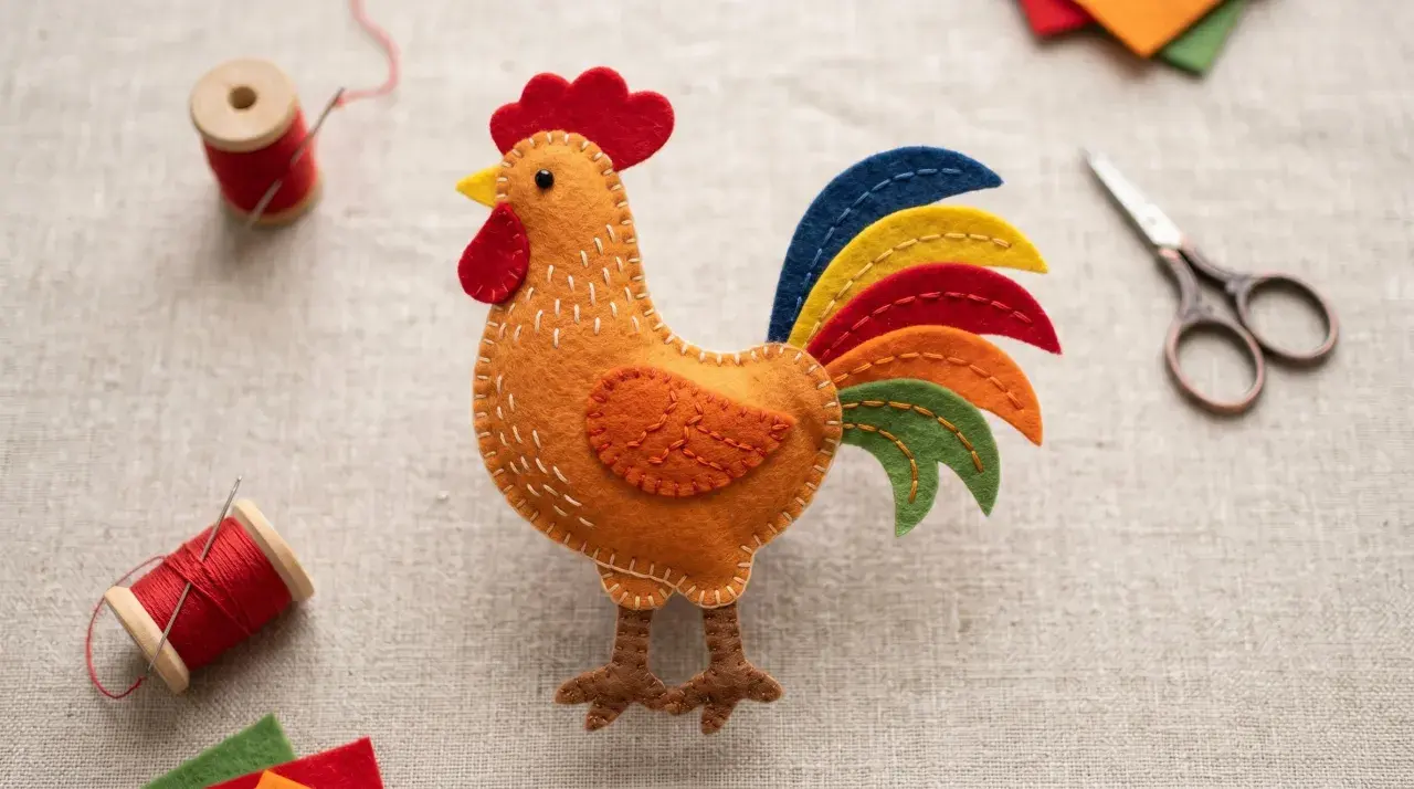 Ein farbenfrohes Huhn aus Filz, bereit zum Huhn filzen. Nadel, Faden und Schere liegen daneben.