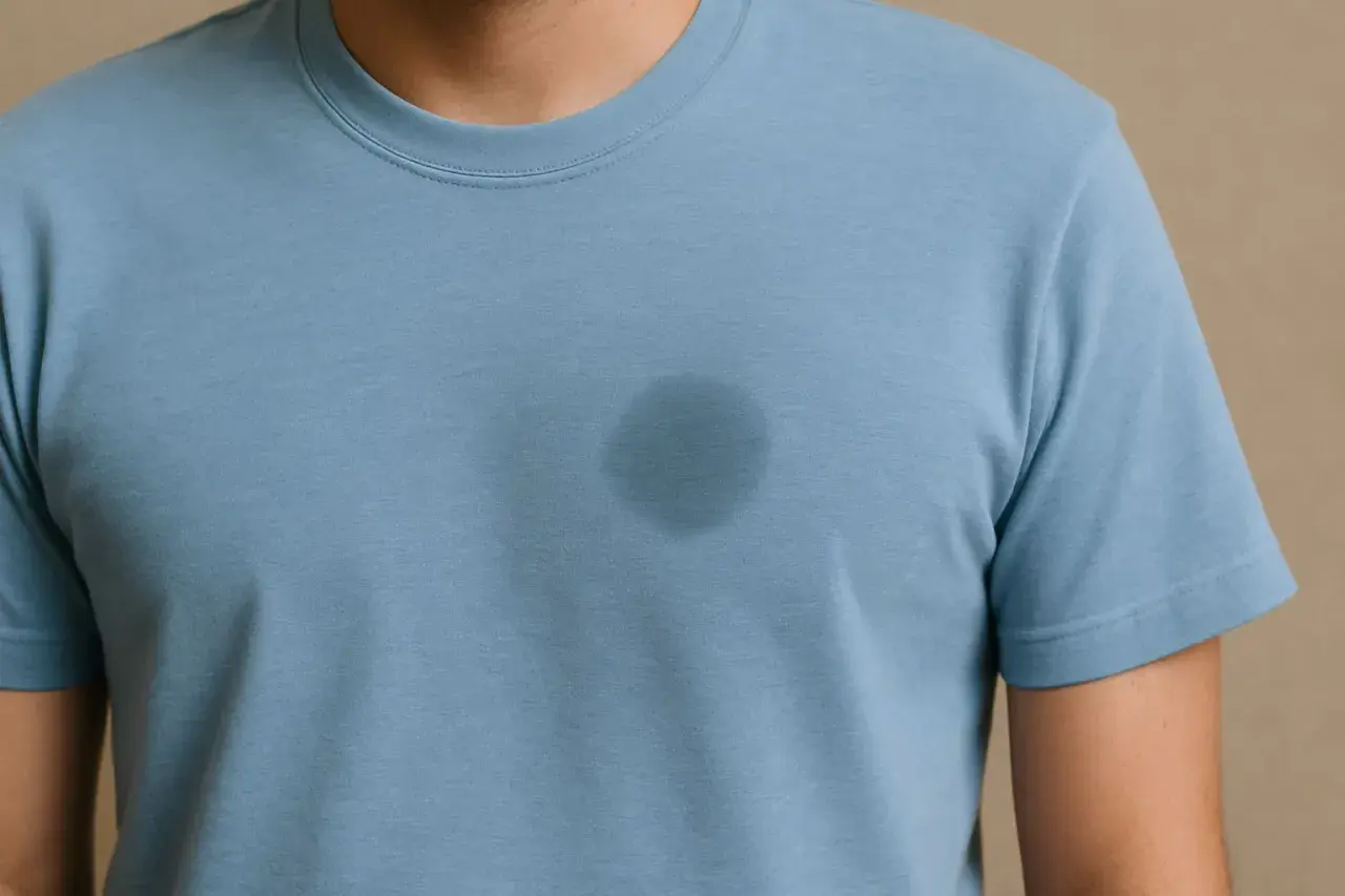 Ein Mann trägt ein blaues T-Shirt mit einem dunklen Fleck auf der Brust. Tipps, wie man fettflecken aus kleidung entfernen nach dem waschen kann.