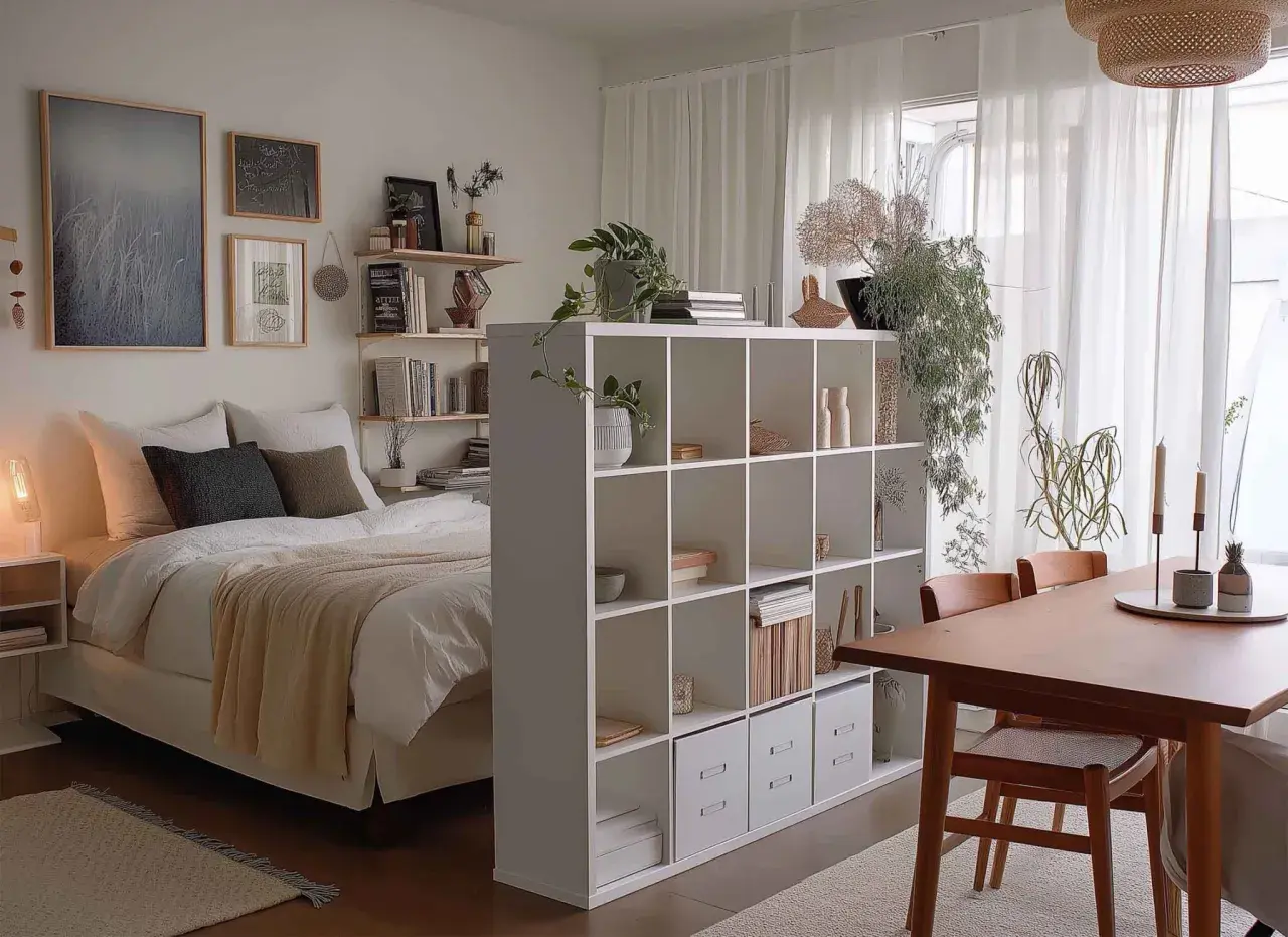 Gemütliches Schlafzimmer mit Bett, Regal und Essbereich. Ein schönes Beispiel, wie man ein Haus einrichten kann, mit Pflanzen und Kunst.